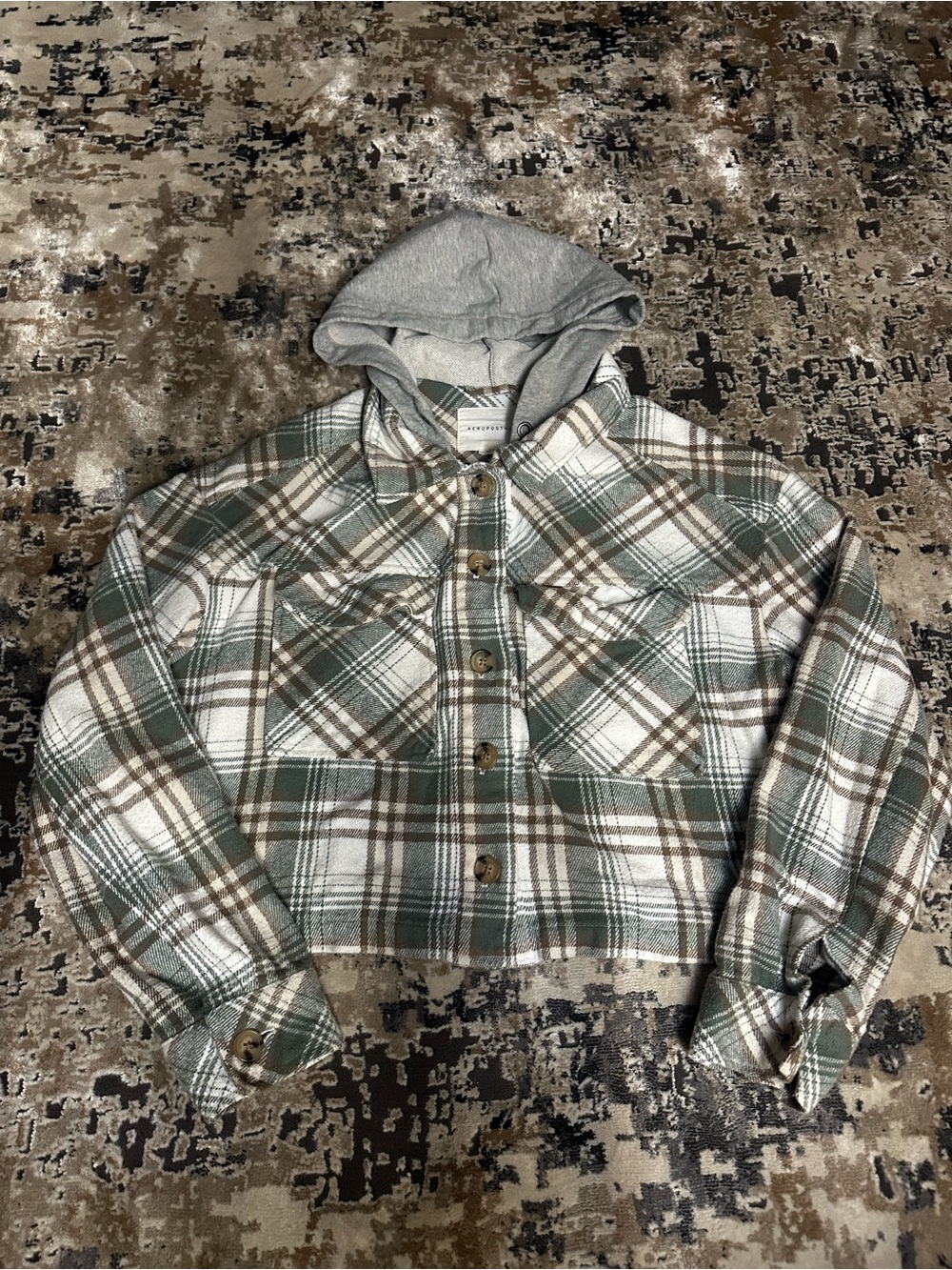 Women’s Aeropostale Green White Brown Plaid Hooded Button-Up Jacket